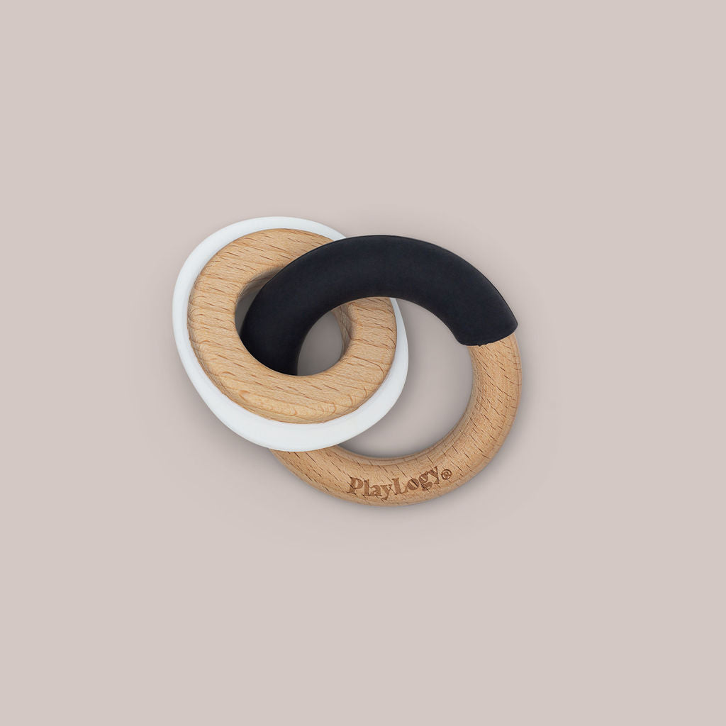 Black and wooden round rattle and teething toy for newborn babies